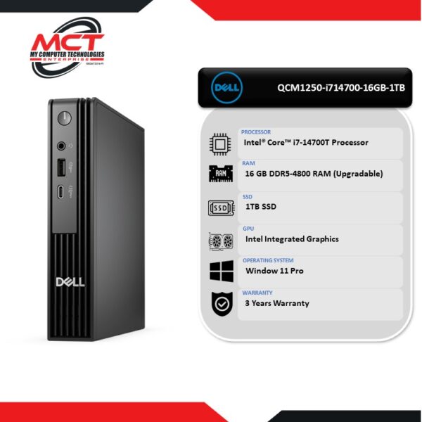 Dell Pro QCM1250-i714700-16GB-1TB-W11PRO Micro Desktop PC (i7-14700T, 16GB DDR5, 1TB SSD, Intel, W11P, 3Y)
