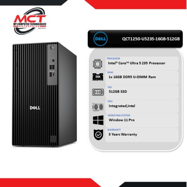 Dell Pro QCT1250-U5235-16GB-512GB Tower Desktop PC Black (CU5 235, 16GB DDR5, 512GB SSD, Intel, W11P, 3Y)