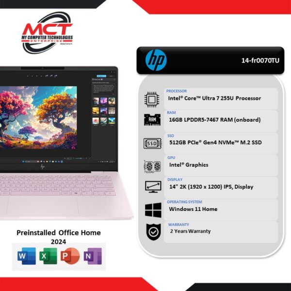 HP OmniBook 7 AI 14-fr0070TU 14" 2K Laptop Powder Pink (CU7-255U, 16GB LPDDR5, 512GB SSD, Intel, W11, HS+M365, 2Y)
