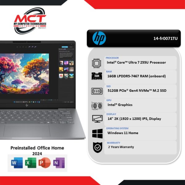 HP OmniBook 7 AI 14-fr0071TU 14" 2K Laptop Meteor Silver (CU7-255U, 16GB LPDDR5, 512GB SSD, Intel, W11, HS+M365, 2Y)