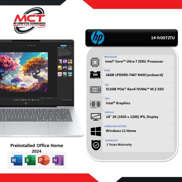 HP OmniBook 7 AI 14-fr0072TU 14" 2K Laptop Glacier Silver (CU7-255U, 16GB LPDDR5, 512GB SSD, Intel, W11, HS+M365, 2Y)