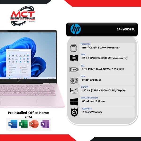 HP OmniBook 7 14-fs0059TU 14" 3K OLED Laptop Pink (C9-270H, 32GB LPDDR5, 1TB SSD, Intel, W11H, 2Y)