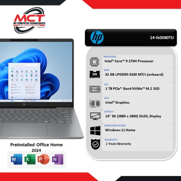 HP OmniBook 7 14-fs0060TU 14" 3K OLED Laptop Meteor Silver (C9-270H, 32GB LPDDR5, 1TB SSD, Intel, W11H, 2Y)