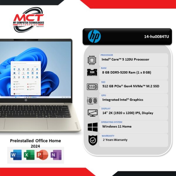 HP OmniBook 3 14-hu0084TU 14" 2K Laptop Warm Gold (C5-120U, 8GB DDR5, 512GB SSD, Intel, W11, HS+M365, 2Y)