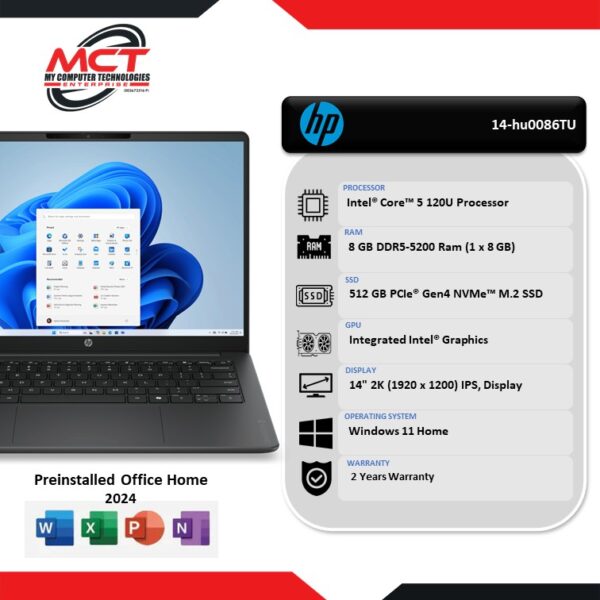 HP OmniBook 3 14-hu0086TU 14" 2K Laptop Mica Silver (C5-120U, 8GB DDR5, 512GB SSD, Intel, W11, HS+M365, 2Y)