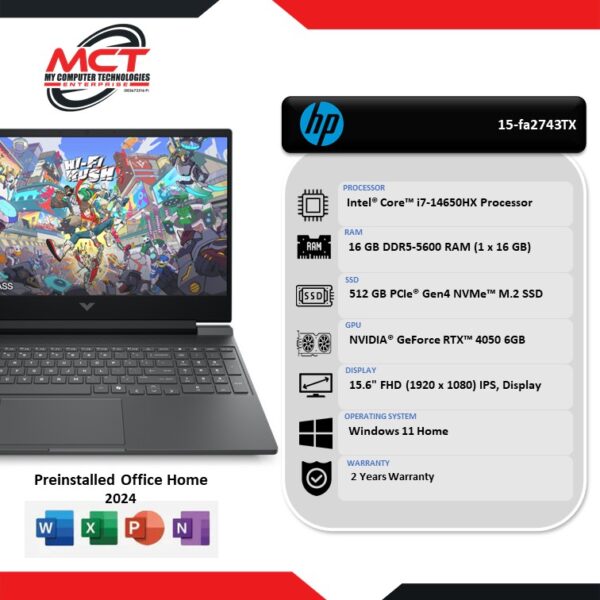 HP Victus 15-fa2743TX 15.6" FHD 144Hz Gaming Laptop Mica Silver (i7-14650HX, 16GB DDR5, 512GB SSD, RTX4050 6GB, W11, HS+M365, 2Y)