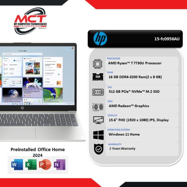 HP 15-fc0956AU 15.6" FHD Laptop Warm Gold (R7-7730U, 16GB DDR4, 512GB SSD, ATI, W11, HS+M365 , 2Y)