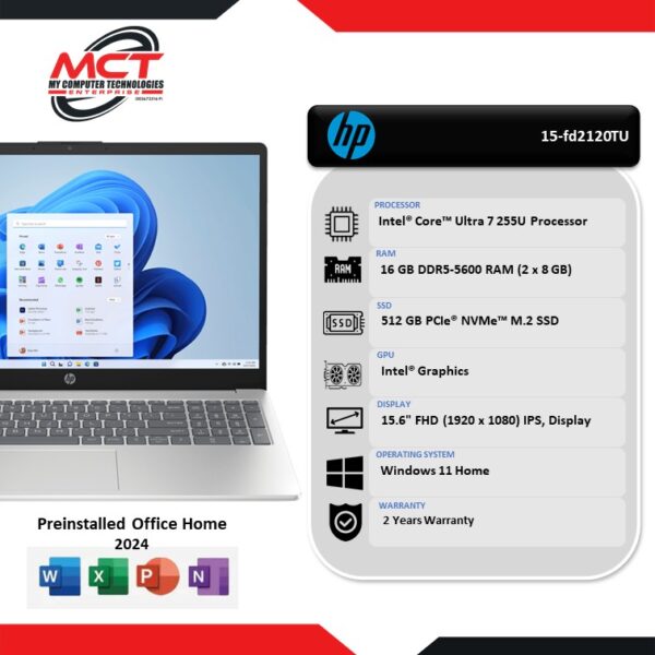 HP 15-fd2120TU 15.6" FHD Laptop Natural Silver (CU7-255U, 16GB DDR5, 512GB SSD, Intel, W11, HS+M365, 2Y)