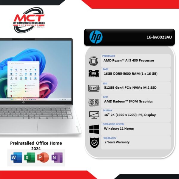 HP OmniBook 3 NGAI 16-bv0023AU 16" 2K Laptop Glacier Silver (AI 5 430, 16GB DDR5, 512GB SSD, ATI, W11, HS+M365 , 2Y)