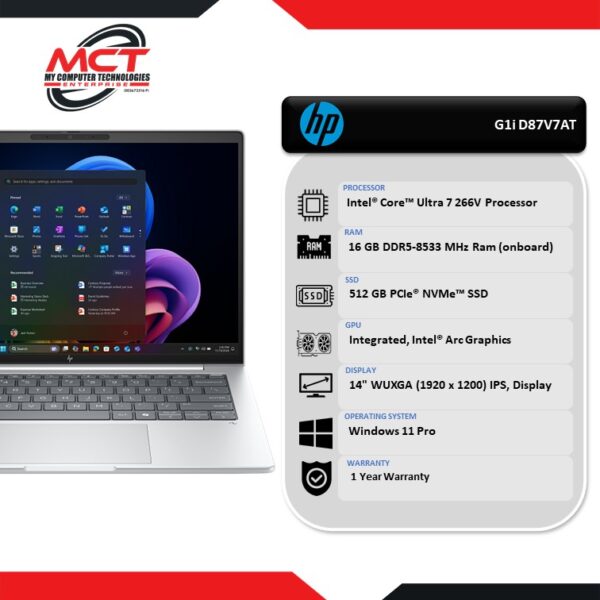 HP EliteBook 8 G1i D87V7AT 14" WUXGA Business Laptop Silver (CU7-266V, 16GB DDR5, 512GB SSD, Intel, W11Pro, 1Y)