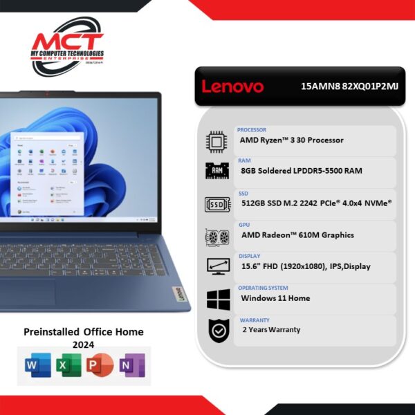 Lenovo IdeaPad Slim 3 15AMN8 82XQ01P2MJ 15.6'' FHD Laptop (R3-30, 8GB LPDDR5, 512GB SSD, AMD, W11, HS+M365, 2Y)
