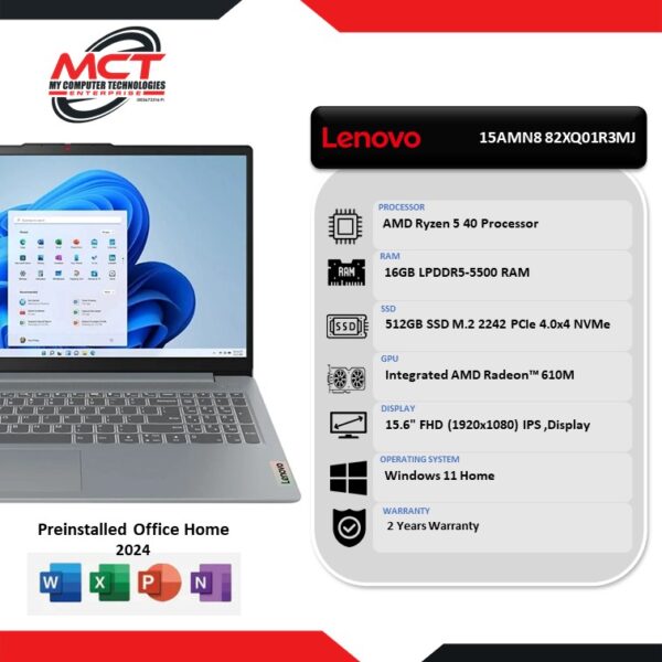 Lenovo Ideapad Slim 3 15AMN8 82XQ01R3MJ 15.6" FHD IPS Laptop Arctic Grey (R5-40, 16GB LPDDR5, 512GB SSD, ATI, W11, HS+M365, 2Y)