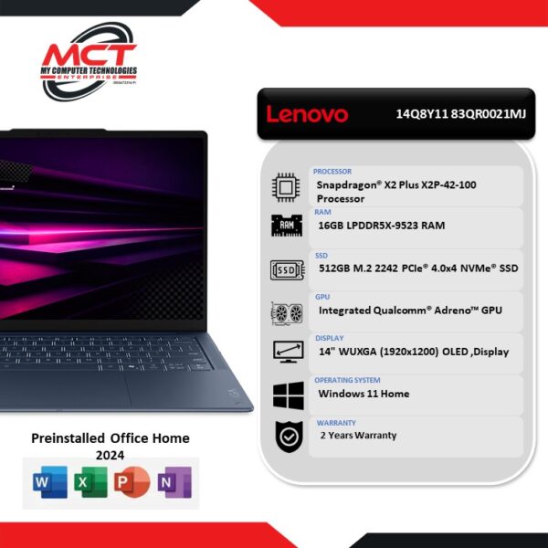 Lenovo Yoga Slim 7 14Q8Y11 83QR0021MJ 14" WUXGA OLED Laptop (SD X2 Plus X2P-42-100, 16GB LPDDR5X, 512GB SSD, Qualcomm, W11, HS+M365, 2Y)