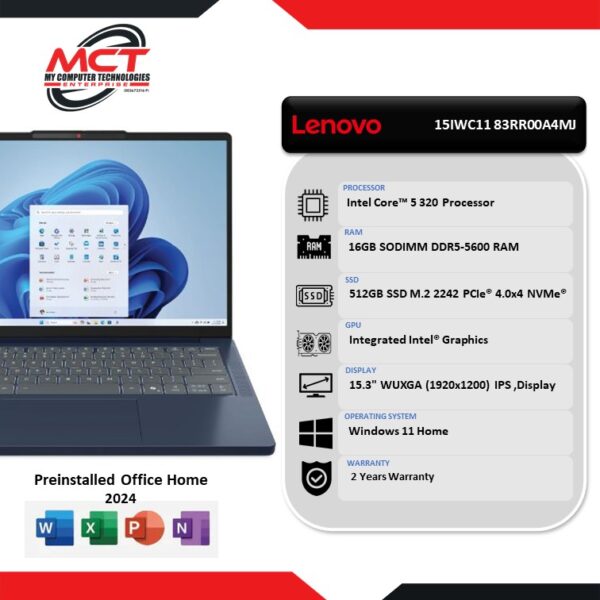 Lenovo Ideapad Slim 3 15IWC11 83RR00A4MJ 15.3" WUXGA IPS Laptop Cosmic Blue (C5-320, 16GB DDR5, 512GB SSD, Intel, W11, HS+M365, 2Y)