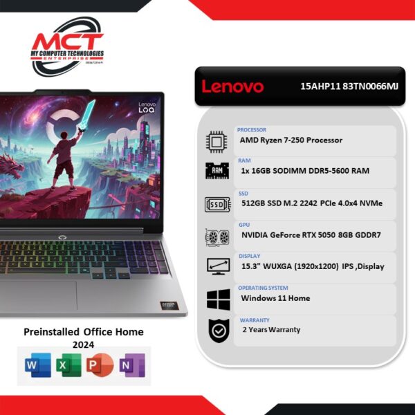 Lenovo LOQ 15AHP11 83TN0066MJ 15.3'' WUXGA 165Hz Gaming Laptop Luna Grey (R7-250, 16GB DDR5, 512GB, RTX5050 8GB, W11, HS, 2Y)