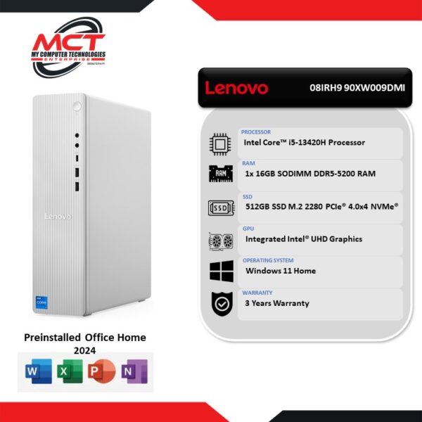 Lenovo IdeaCentre 08IRH9 90XW009DMI Desktop PC (i5-13420H, 16GB DDR5, 512GB SSD, Intel, W11H, HS+365 Basic, 3Y)