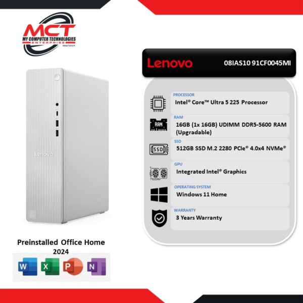 Lenovo IdeaCentre Tower 08IAS10 91CF0045MI Desktop PC (CU5-225, 16GB DDR5, 512GB SSD, Intel, W11, HS+M365, 3Y)