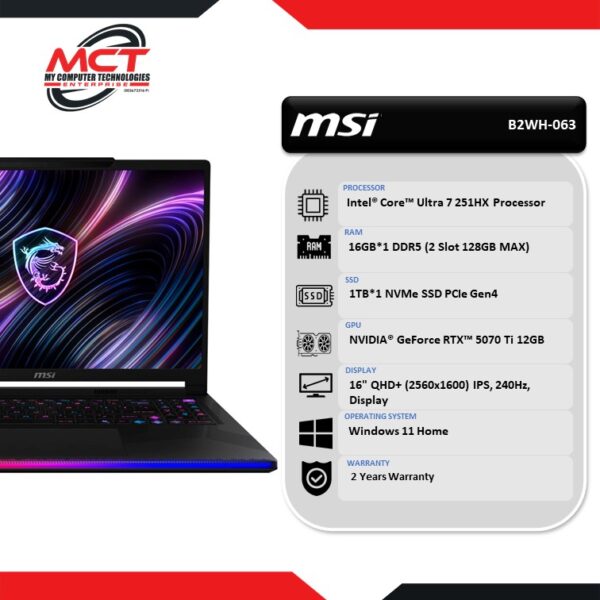 MSI Raider 16 Max HX B2WH-063 16'' QHD+ Gaming Laptop Core Black (CU7 251HX, 16GB DDR5, 1TB SSD, RTX5070 Ti 12GB, W11, 2Y)