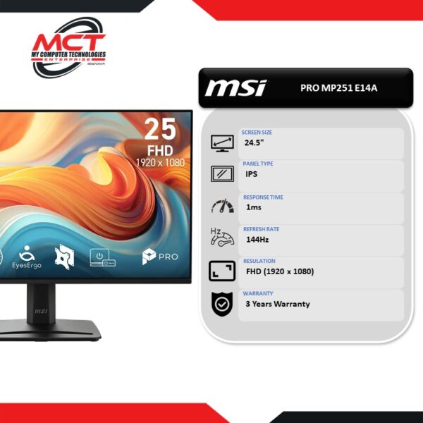 MSI PRO MP251 E14A 24.5" FHD 144Hz Flat Business Productivity Monitor (1920 x 1080, 24.5", IPS, 1MS, 144Hz, 3 YEARS WARRANTY)
