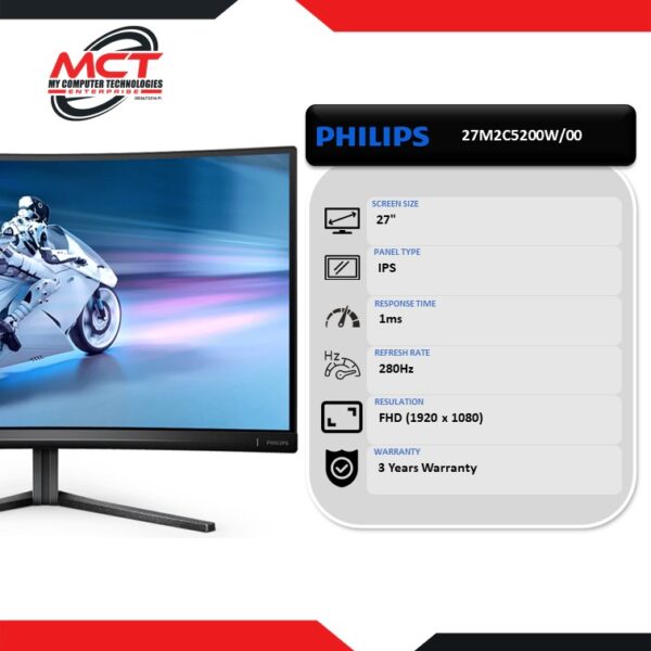 Philips 27M2C5200W/00 27" FHD 280Hz Fast VA Gaming Monitor Dark Slate (1920 x 1080, 27″, VA, 1MS, 280Hz, 3 YEARS WARRANTY)