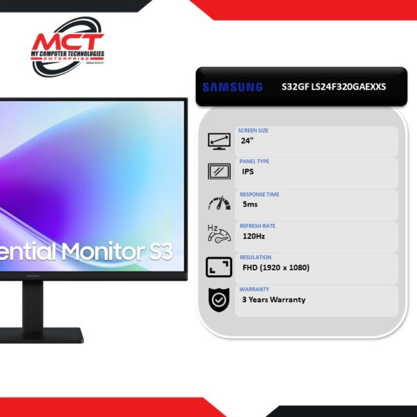 Samsung Essential S3 S32GF LS24F320GAEXXS 24" FHD 120Hz IPS Monitor (1920 x 1080, 24", IPS, 5MS, 120Hz, 3 YEARS WARRANTY)