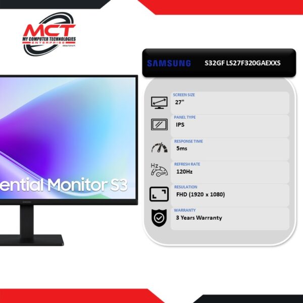 Samsung Essential S3 S32GF LS27F320GAEXXS 27" FHD 120Hz IPS Monitor (1920 x 1080, 27",  IPS, 5MS, 120Hz, 3 YEARS WARRANTY)