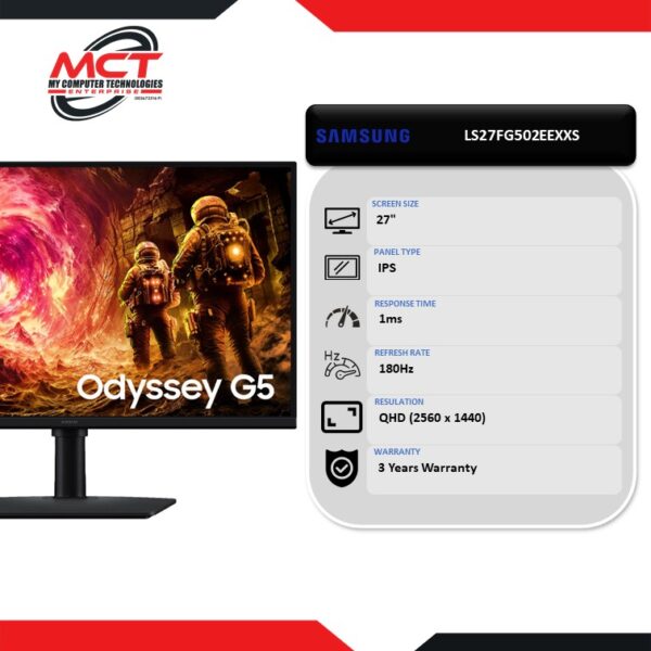 Samsung Odyssey G5 G50F LS27FG502EEXXS 27" QHD 180Hz IPS Gaming Monitor (2560 x 1440, 27", IPS, 1MS, 180Hz, 3 YEARS WARRANTY)