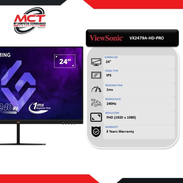 ViewSonic VX2479A-HD-PRO 24" FHD 240Hz Gaming Monitor (1920 x 1080, 24", IPS, 1MS, 240Hz, 3 YEARS WARRANTY)