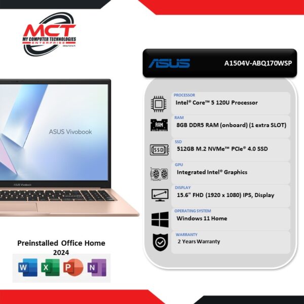 Asus Vivobook 15 A1504V-ABQ170WSP 15.6'' FHD Laptop Terra Cotta (C5-120U, 8GB DDR5, 512GB SSD, Intel, W11, HS+M365, 2Y)