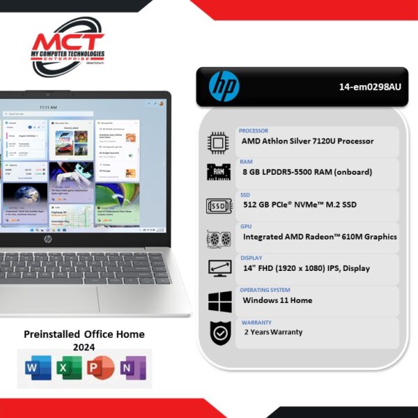 HP 14-em0298AU 14" FHD IPS Laptop Natural Silver (Athlon Silver 7120U, 8GB LPDDR5, 512GB SSD, ATI, W11, HS+M365, 2Y)