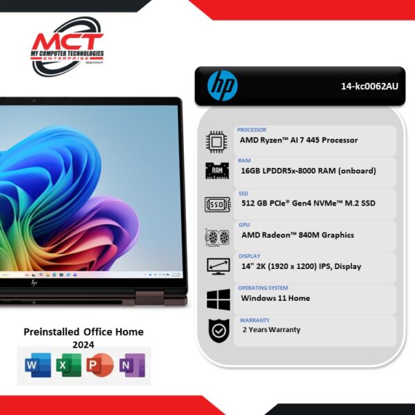 HP OmniBook X FlipNGAI 14-kc0062AU 14" 2K Touch 2-in-1 Laptop Deep Espresso (AI 7 445, 16GB LPDDR5x, 512GB SSD, ATI, W11, HS+M365, 2Y)