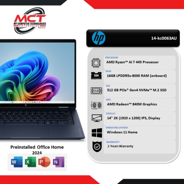 HP OmniBook X FlipNGAI 14-kc0063AU 14" 2K Touch 2-in-1 Laptop Atmospheric Blue (AI 7 445, 16GB LPDDR5x, 512GB SSD, ATI, W11, HS+M365, 2Y)