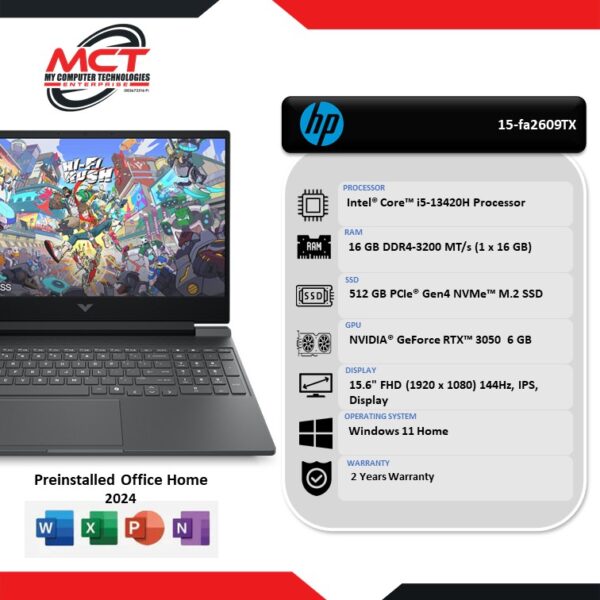 HP Victus 15-fa2609TX 15.6" FHD 144Hz Gaming Laptop Mica Silver (i5-13420H, 16GB DDR4, 512GB SSD, RTX3050, W11, HS+M365, 2Y)