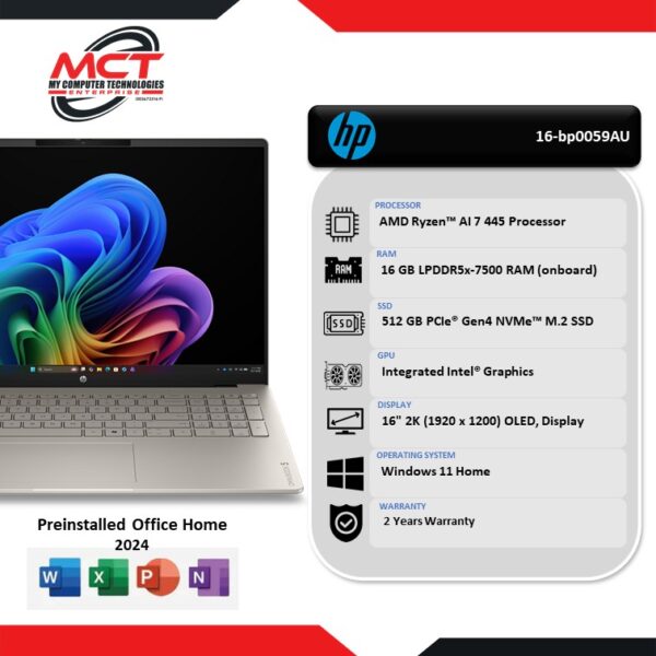 HP OmniBook 5 NGAI 16-bp0059AU 16" 2K Laptop Sahara Silver (AI 7 445, 16GB LPDDR5x, 512GB SSD, ATI, W11, HS+M365, 2Y)