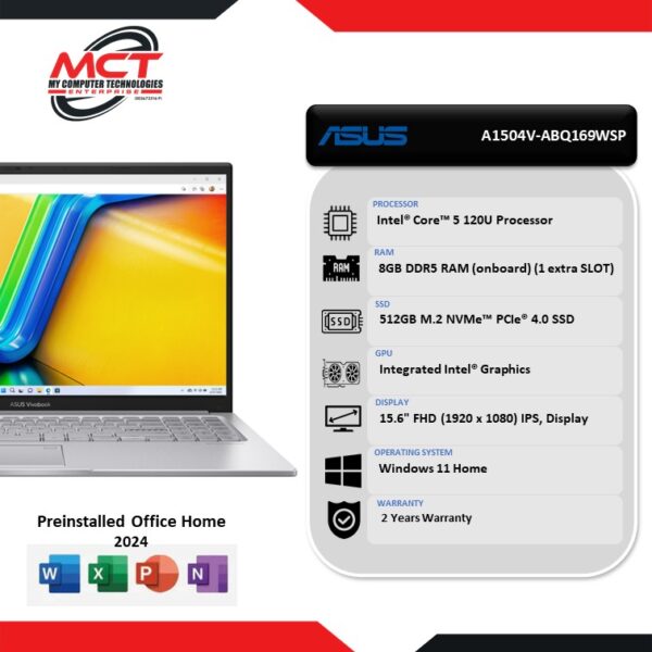 Asus Vivobook 15 A1504V-ABQ169WSP 15.6'' FHD Laptop (C5-120U, 8GB DDR5, 512GB SSD, Intel, W11, HS+M365, 2Y)